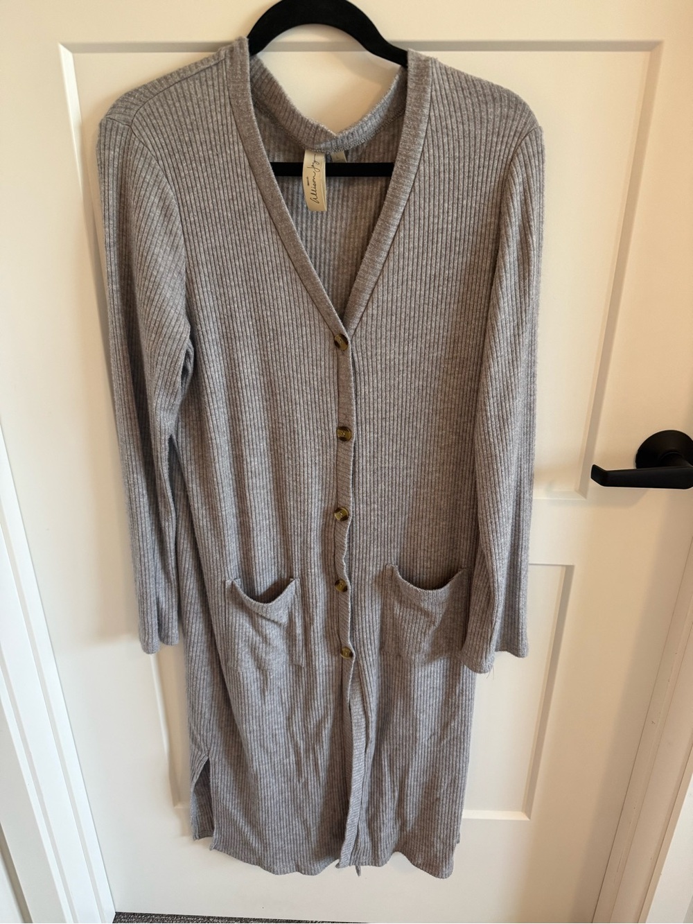 Allison Joy Gray Ribbed Longline Cardigan Duster Sweater Large L